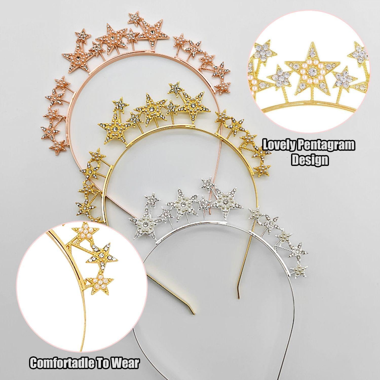 Pack of 3 Star Headbands, Five-Pointed Star Headbands with Rhinestones, Fashionable Party Headbands, Glitter Dress Headbands, Holiday Hair Accessories for Children and Adults image number 4