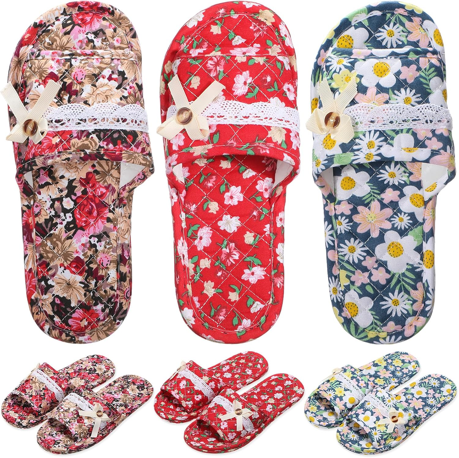 Chicingyou 3 Pairs Floral Cotton House Slippers for Guest Women Washable Indoor Cotton Slippers Open Toe for Hotel Travel Airplane Spa image number 1