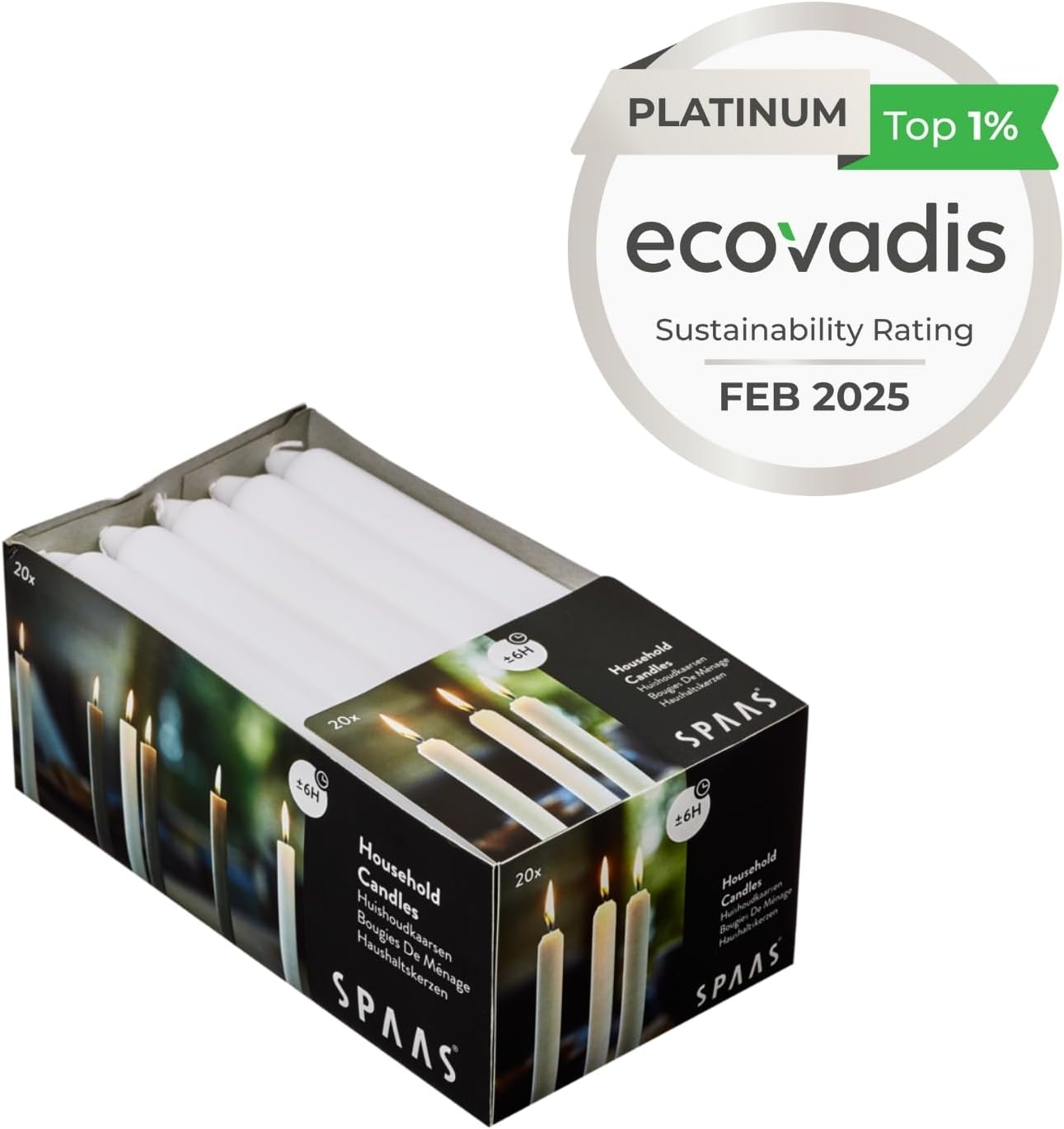 Spaas 20 Household Tapered Dinner Candles 19/180 Mm, &plusmn; 6 Hours, Unscented, White image number 2