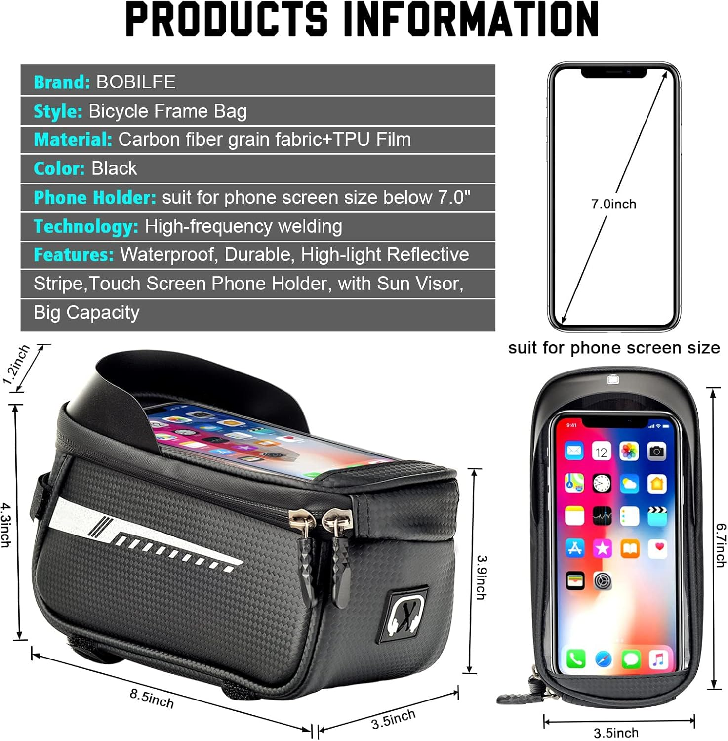 VNPONV Bike Phone Bag Waterproof under 7'' with Rain Cover, Bike Frame Bag for Phones, Phone Holder for Bike Accessories, Bicycle Phone Front Frame Bag with Sensitive TPU Touch-Screen image number 4