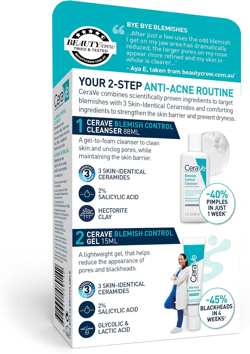 Cerave Anti-Acne Starter Kit Contains Blemish Control Cleanser 88Ml + Blemish Control Gel 15Ml, for Mild Acne Prone Skin Treats Pimples, Blackheads, Marks, Travel Size Cleanser & Serum for International Flights, Trial Size image number 1