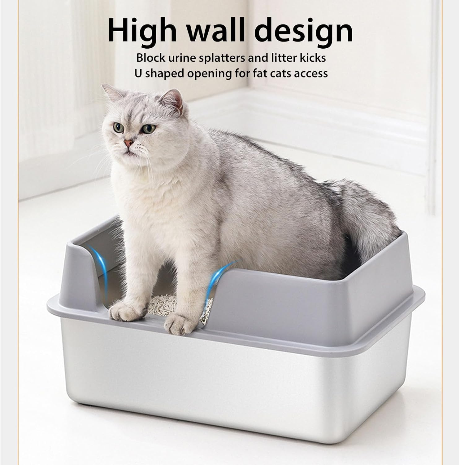 Stainless Steel Cat Litter Box, Sturdy Metal Litter Pan with High Wall Sides Enclosure, Cat Litter Pan(19.6In L X 13.7In W X 9.8In H), No Smell, Non Stick, Easy to Clean (Large - Large Size White image number 2