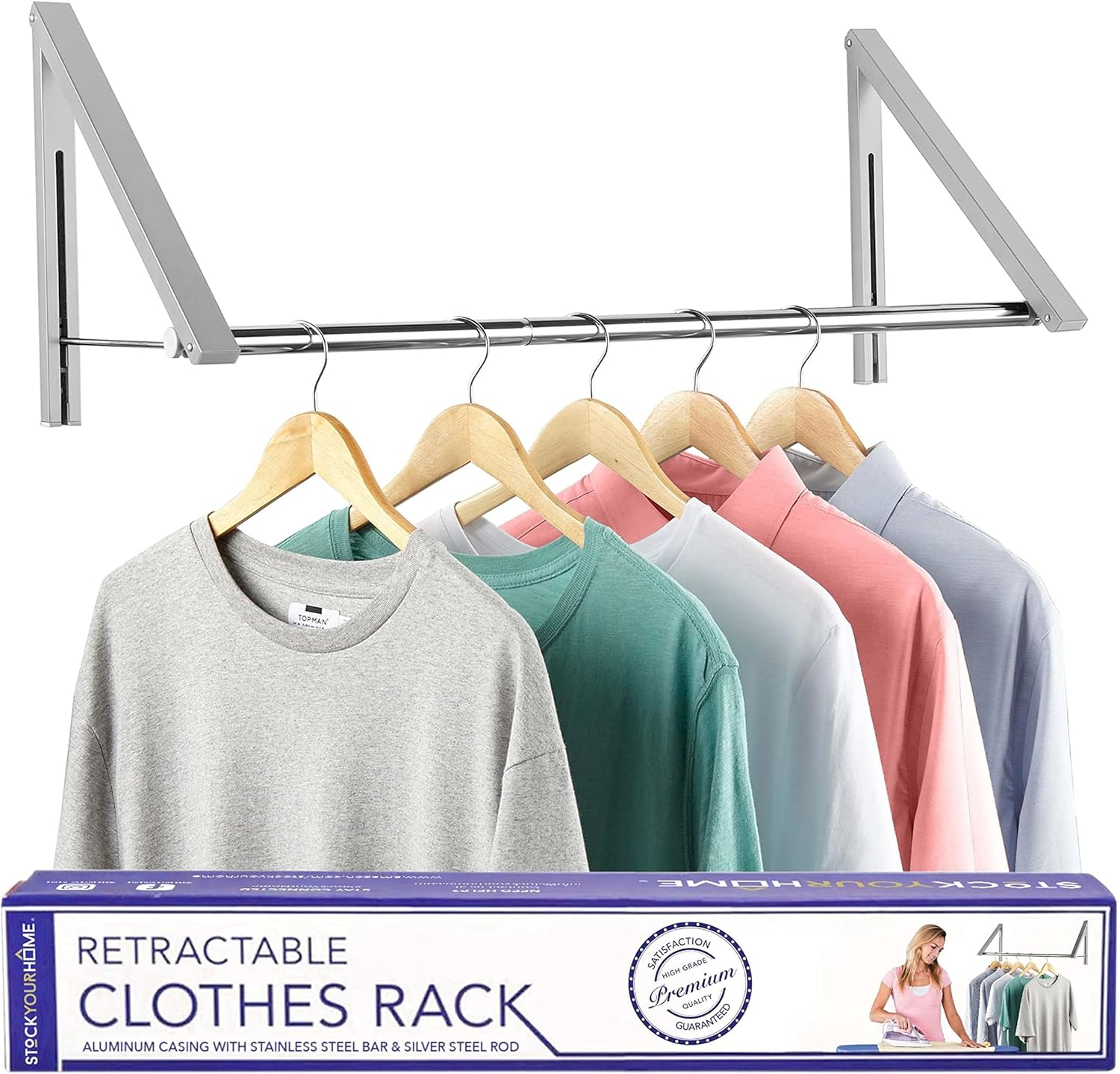 Stock Your Home Retractable Clothes Rack - Wall Mounted Folding Clothes Hanger Drying Rack for Laundry Room Closet Storage Organization, Aluminum, Easy Installation, 2 Racks with Rod (Silver)