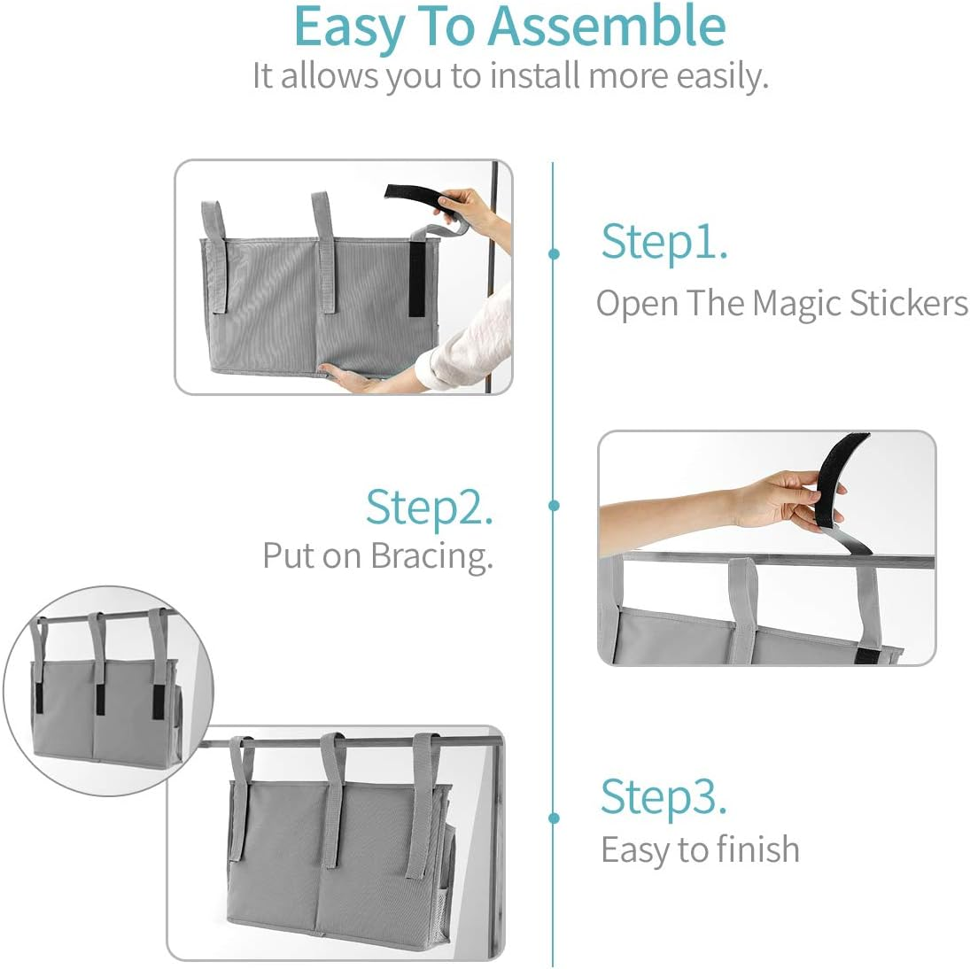 Bseash Caddy Hanging Organizer Bedside Storage Bag for Bunk and Hospital Beds 600D Oxford Cloth Dorm Rooms Bed Rails 8 Pockets (Grey)