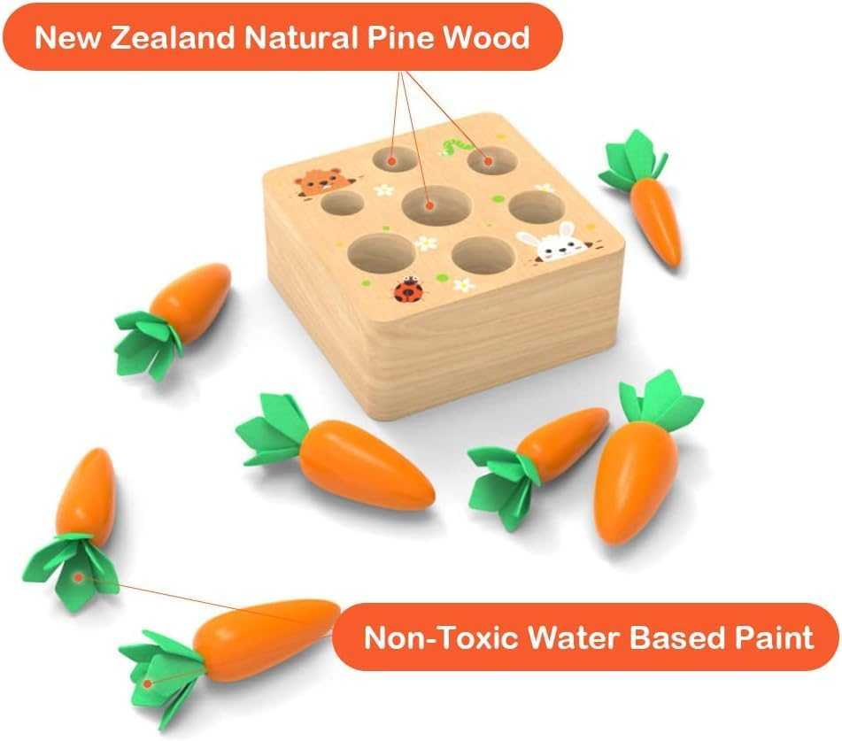 Baby Wooden Toy from 1 Year Old, Motor Skills for Boys and Girls, Montessori Sorting Game, Wooden Puzzle, Carrot Harvest, Educational Toy for Children as a Birthday Gift image number 3