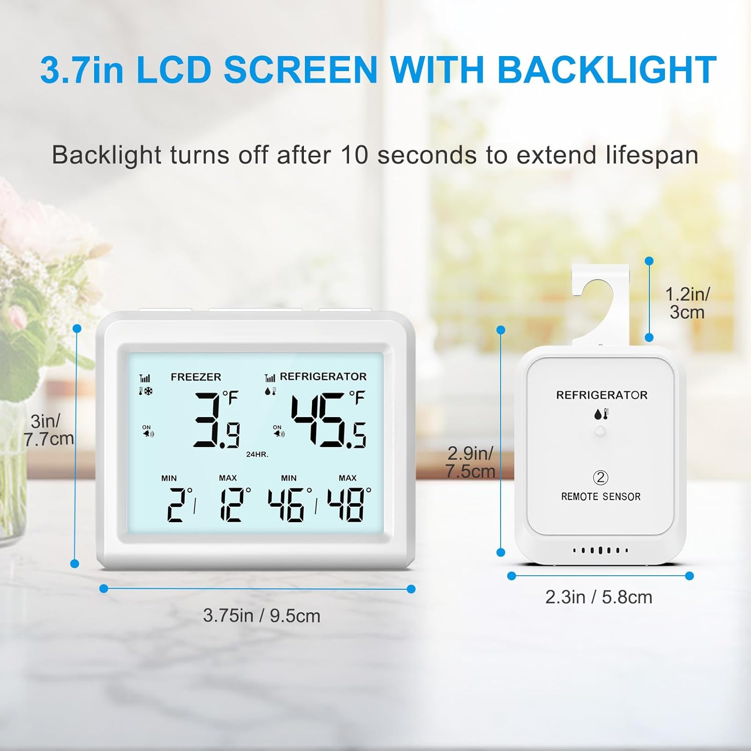 AMIR Wireless Refrigerator Thermometer, 3.7 Inch LCD Fridge and Freezer Thermometer with Alarm, Freezer Alarm with 2 Sensors, Digital Fridge Thermometer for Home and Restaurants image number 2