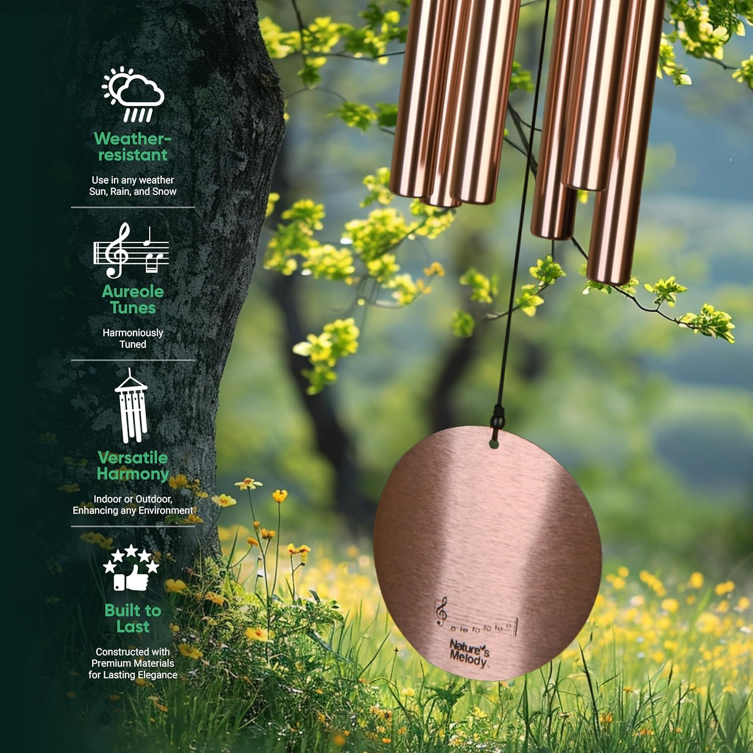 Nature&rsquo;S Melody Aureole Tunes Wind Chimes &ndash; Outdoor Windchime with 6 Tubes Tuned to E Pentatonic Scale, 100% Rustproof Aluminum, Powder Finish & S Hook Hanger for Sympathy, Memorial Gift or Zen Garden image number 3