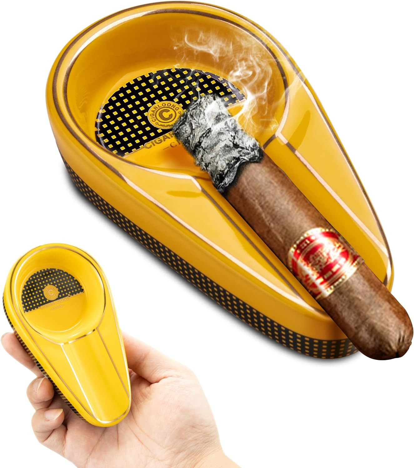 Cigar Ashtray for Outdoor, Ceramic Ashtray, Portable Cigar Ashtray for Home, Patio, Travel (Yellow) - Black image number 3