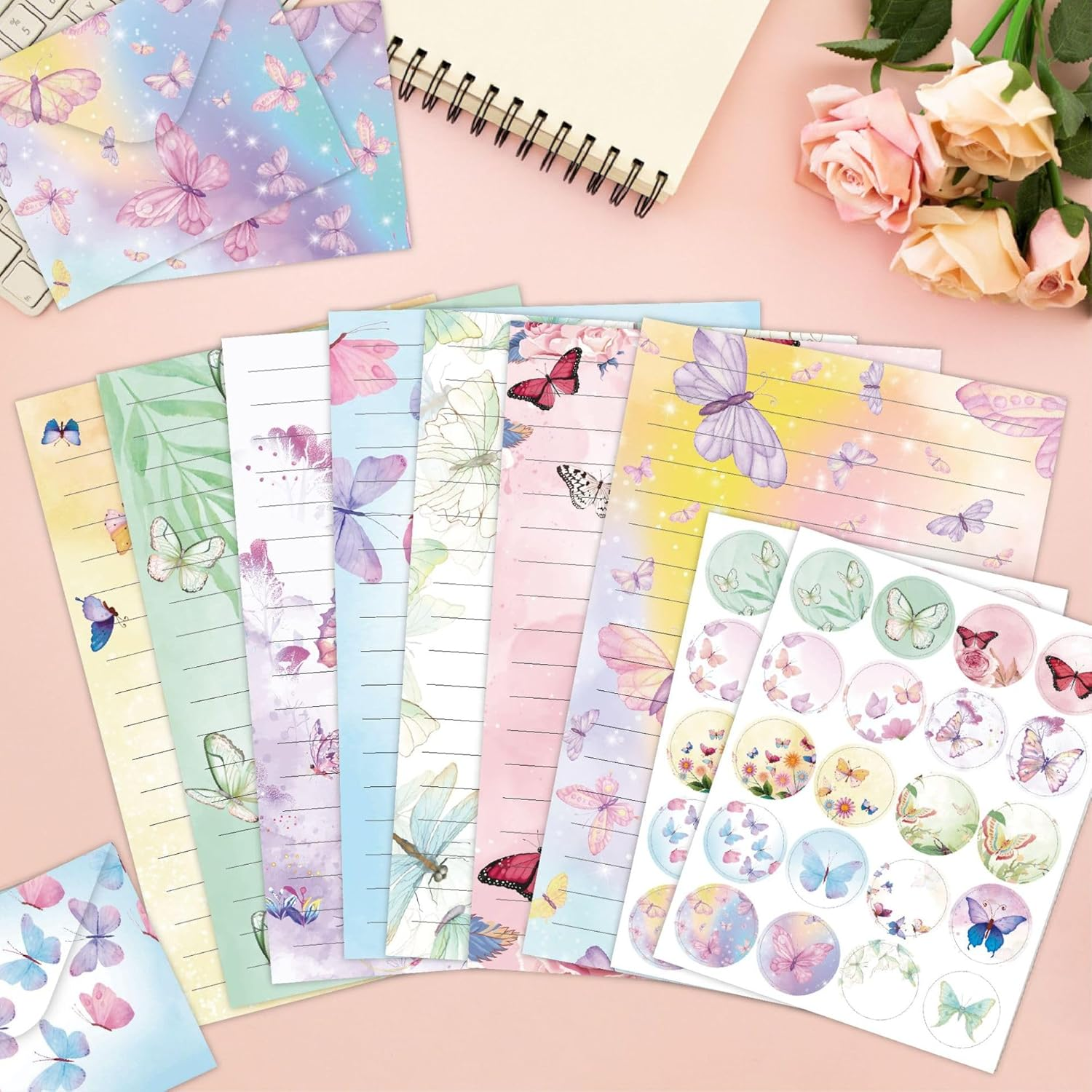 Buziba 160 Pcs Watercolor Butterfly Stationery Paper Writing Papers Matching Envelopes Set with round Stickers Lined Lettler for Writing Letters Greeting Cards Invitations (Watercolor Butterfly)