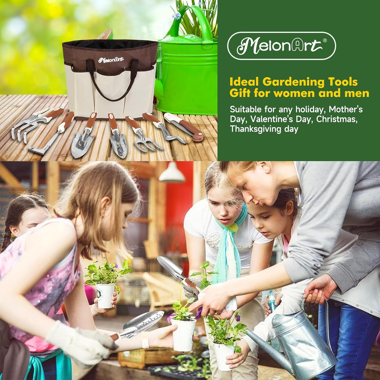 Melonart Garden Tool Set,10 Pcs Heavy Duty Gardening Hand Tool Kit for Women Aluminum with Non Slip Ergonomic Handle, Storage Tote Bag and Gardening Gloves, Ideal Gifts for Women and Men image number 6