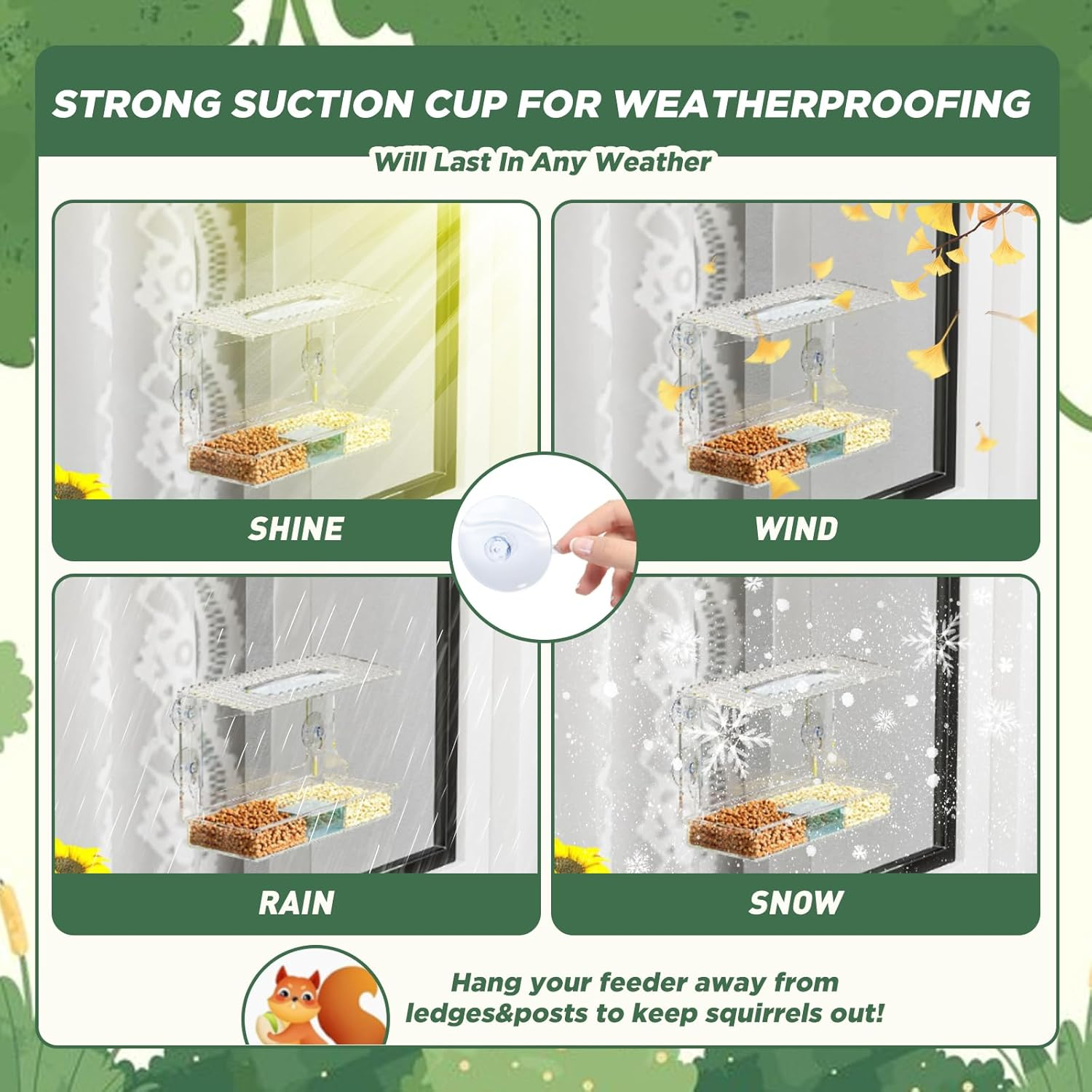 SUSOO Window Bird Feeder for Outdoors with 3 Large Capacity Detachable Seed & Water Tray, Acrylic Clear Bird Feeder with Suction Cups for Watching Wild Birds, Hummingbirds, Finches in Garden, Yard image number 6