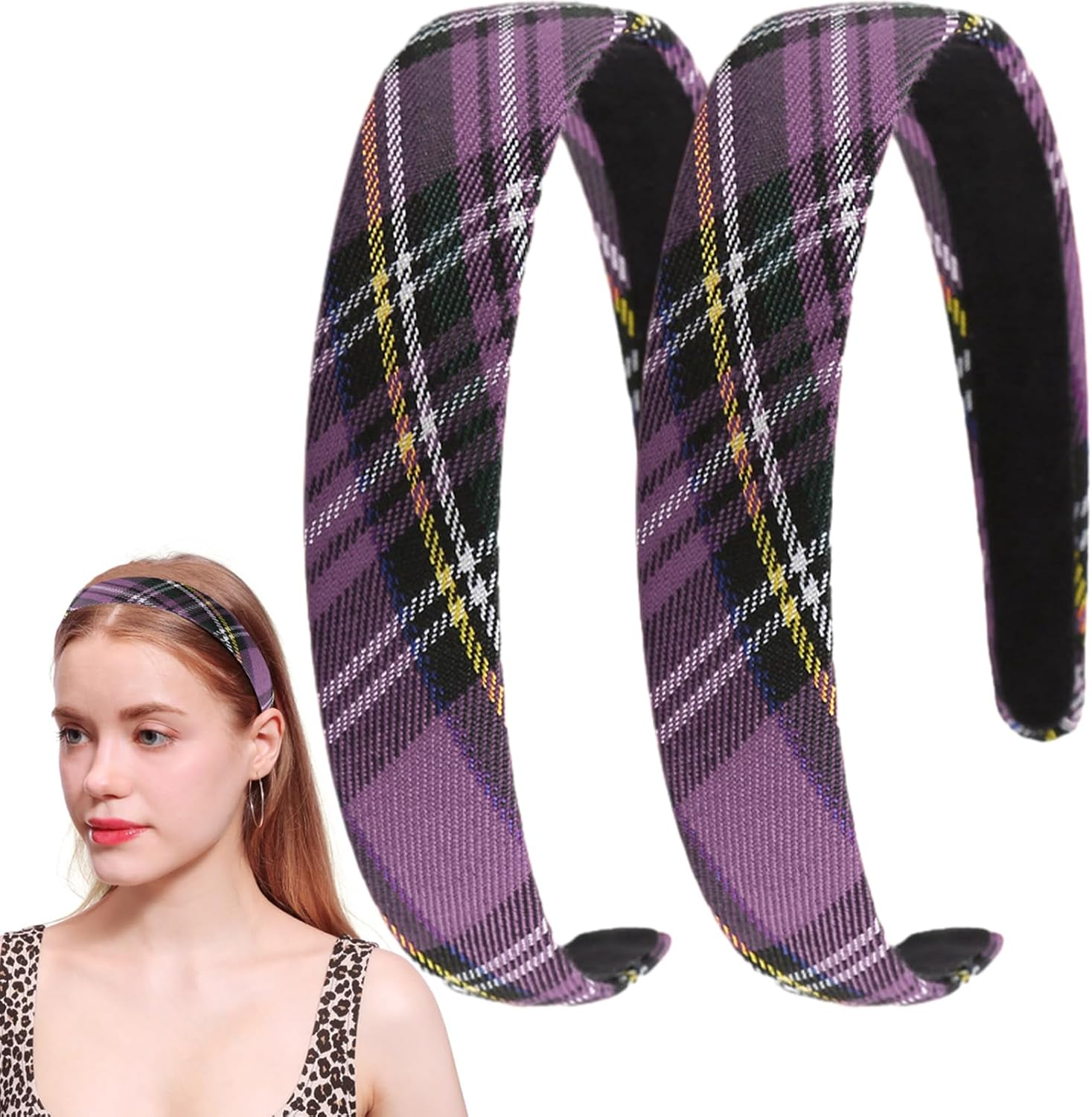 2 Pcs Headband Women Tartan Headbands Fabric Hairbands for Women Girls (Brown)