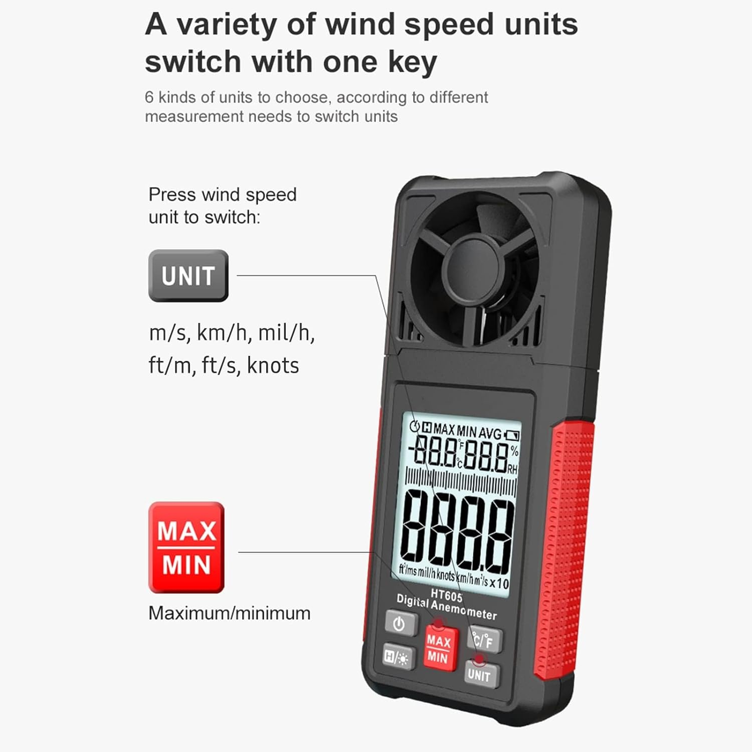 Walmeck HT605 LCD Digital Anemometer Thermometer Handheld Wind Speed Meter Temperature&Humidity Meter Air Velocity Temperature Tester - Ht605S image number 3