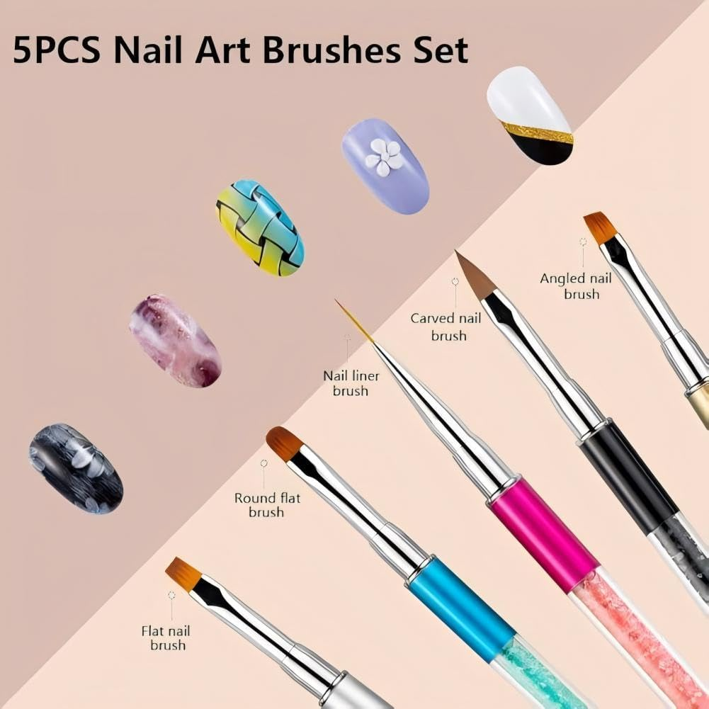 Double Ended Nail Art Brushes Set, 5PCS Nail Design Brushes Dotting Pen Multifunctional Nail Design Tools Kit,Nail Gel Polish Brush for Home DIY Salon