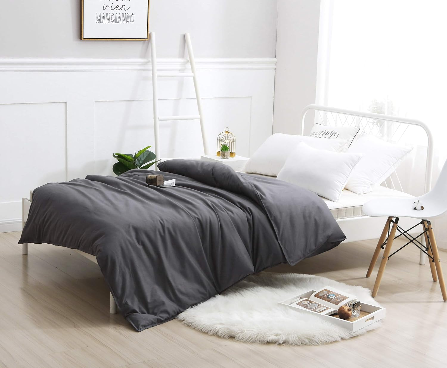 F.Y.Dreams 100% Washed Cotton Duvet Cover for Weighted Blanket 60X80 Inches with 8 Ties, Zipper on Long Side/Black Grey/Just Duvet Cover