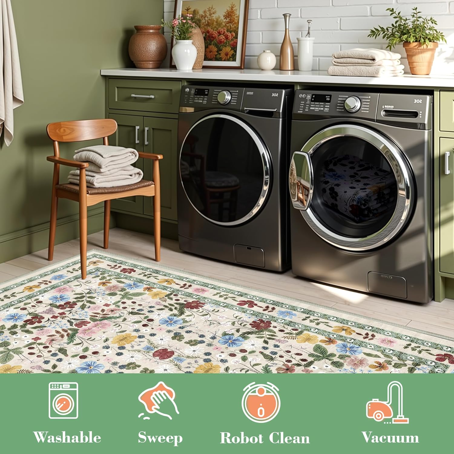 Deerly Green Rugs for Livingroom, Floral Boho Area Rug for Bedroom Child Nurseryroom Diningroom, Vintage Non-Slip Floor Rug Washable Bedunder Carpet Kitchen Office. (Beigegreen, 160X230Cm)