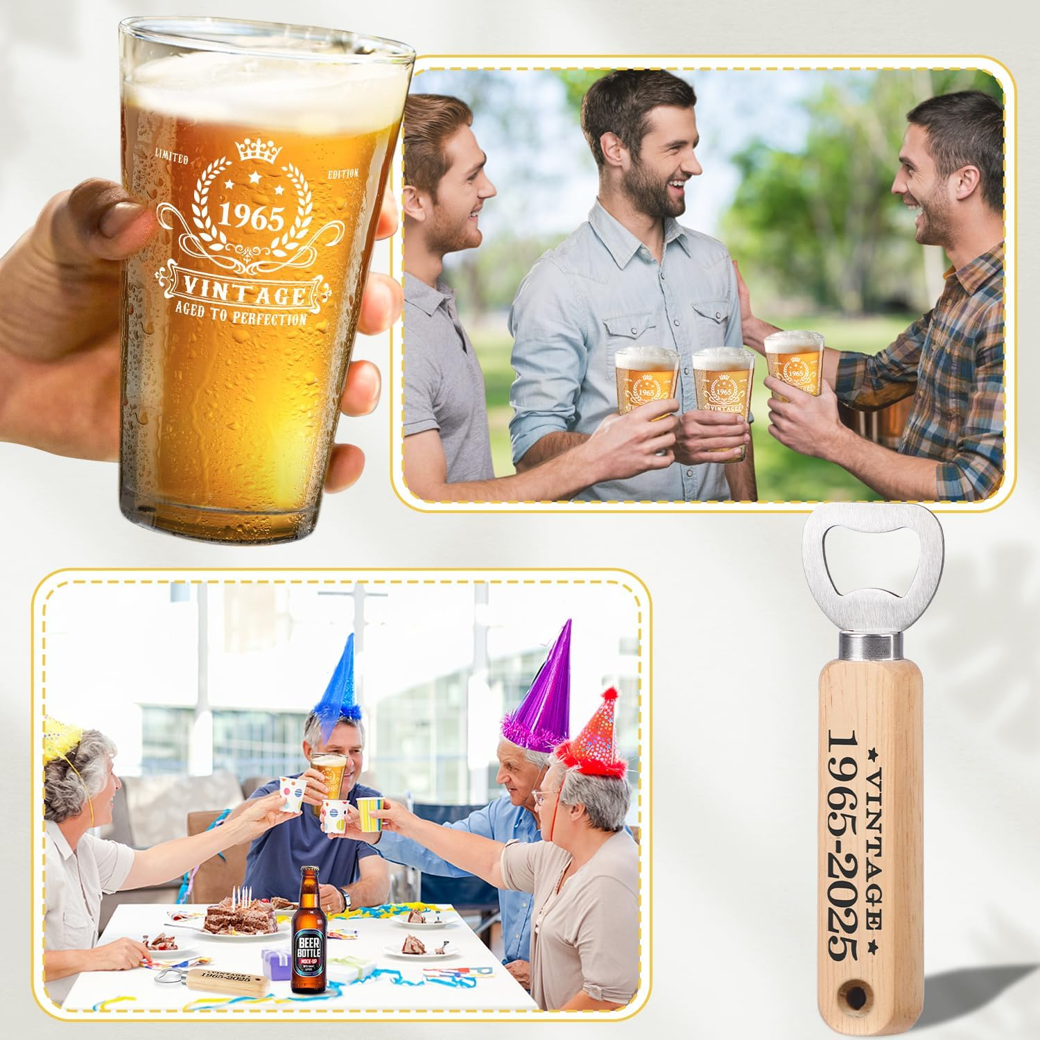 60Th Birthday Gifts for Men, Vintage 1965 Beer Glass, Wooden Bottle Opener, Vintage Beer Gift Box, Wooden Coaster and Greeting Card, 60Th Birthday Gift Ideas for Men