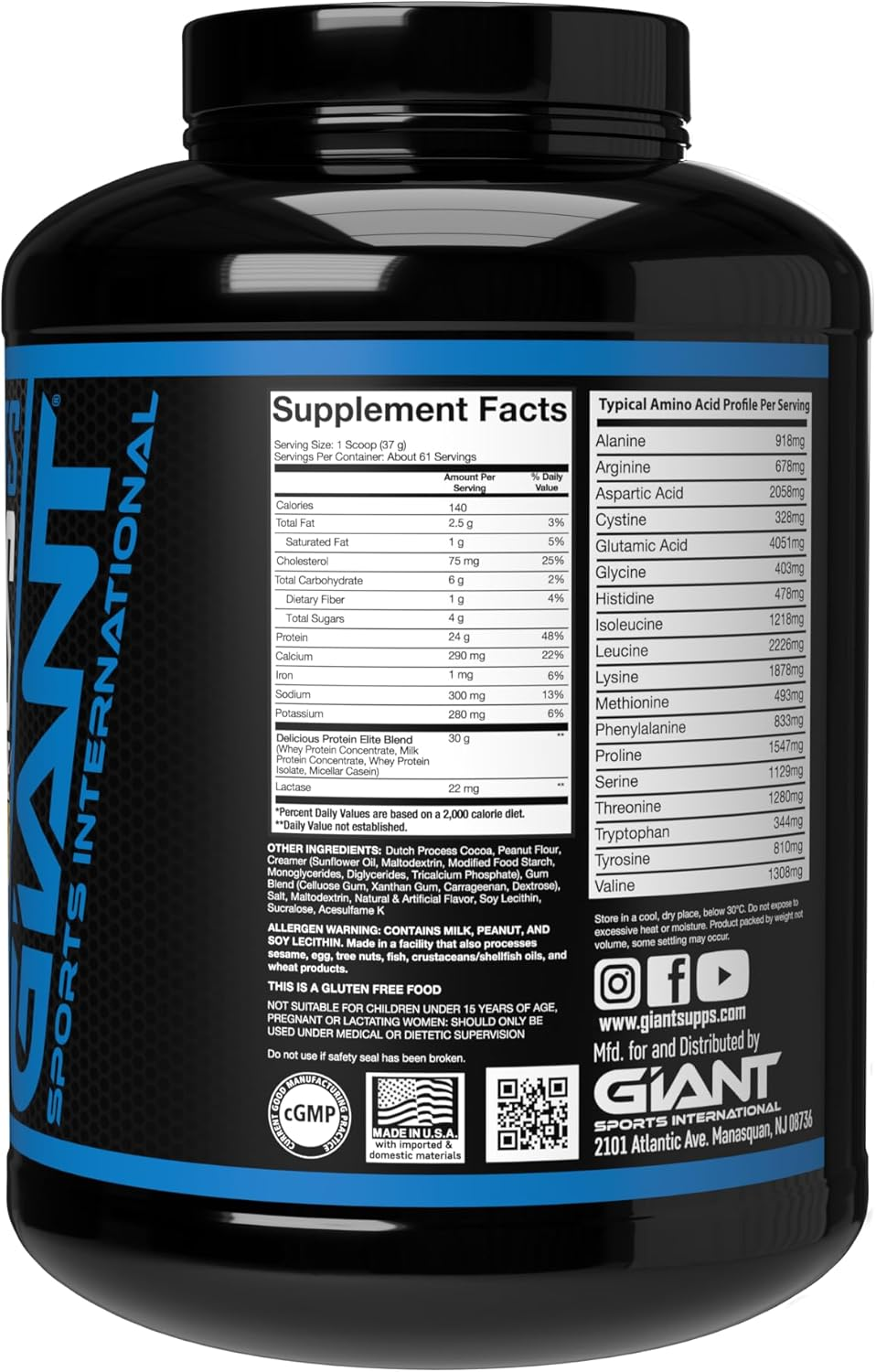 Giant Sports Products Delicious Elite Protein Powder, Peanut Butter Chocolate, 5Lbs. image number 1