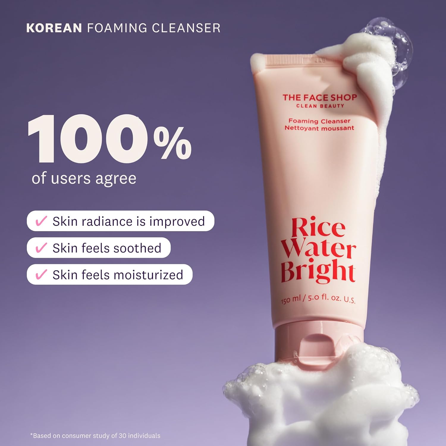 The Face Shop Rice Water Bright Foaming Facial Cleanser with Ceramide, Gentle Face Wash for Hydrating & Moisturizing, Vegan Face Cleanser, Makeup Remover, Korean Skin Care for All Skin Types, 300Ml image number 2