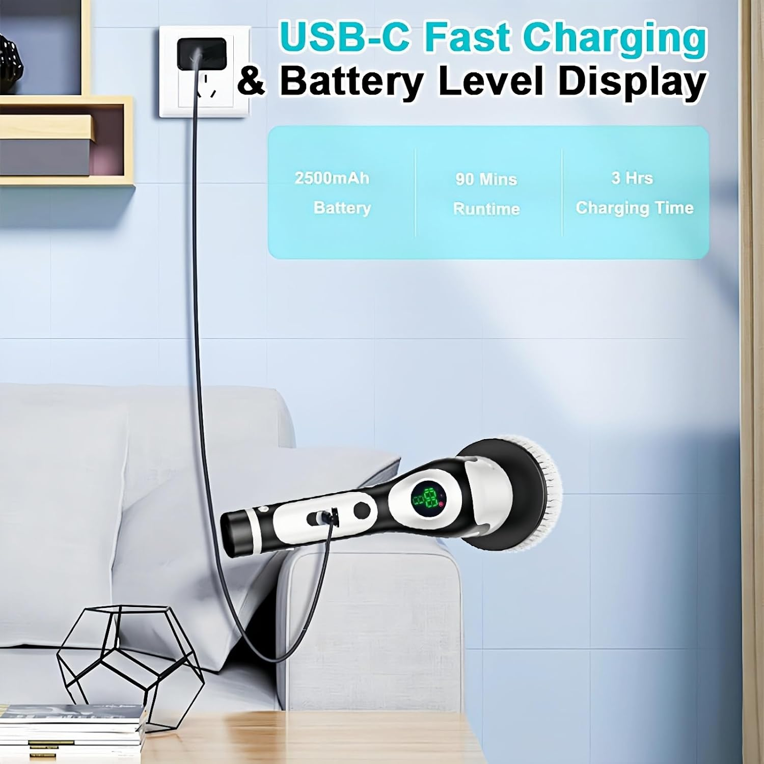 Electric Spin Scrubber, Voice Digital Display IPX7 Waterproof Handle Electric Cleaning Brush with 9 Replaceable Heads, Upgraded Extension Handle for Bathtub, Tile, Floor image number 6