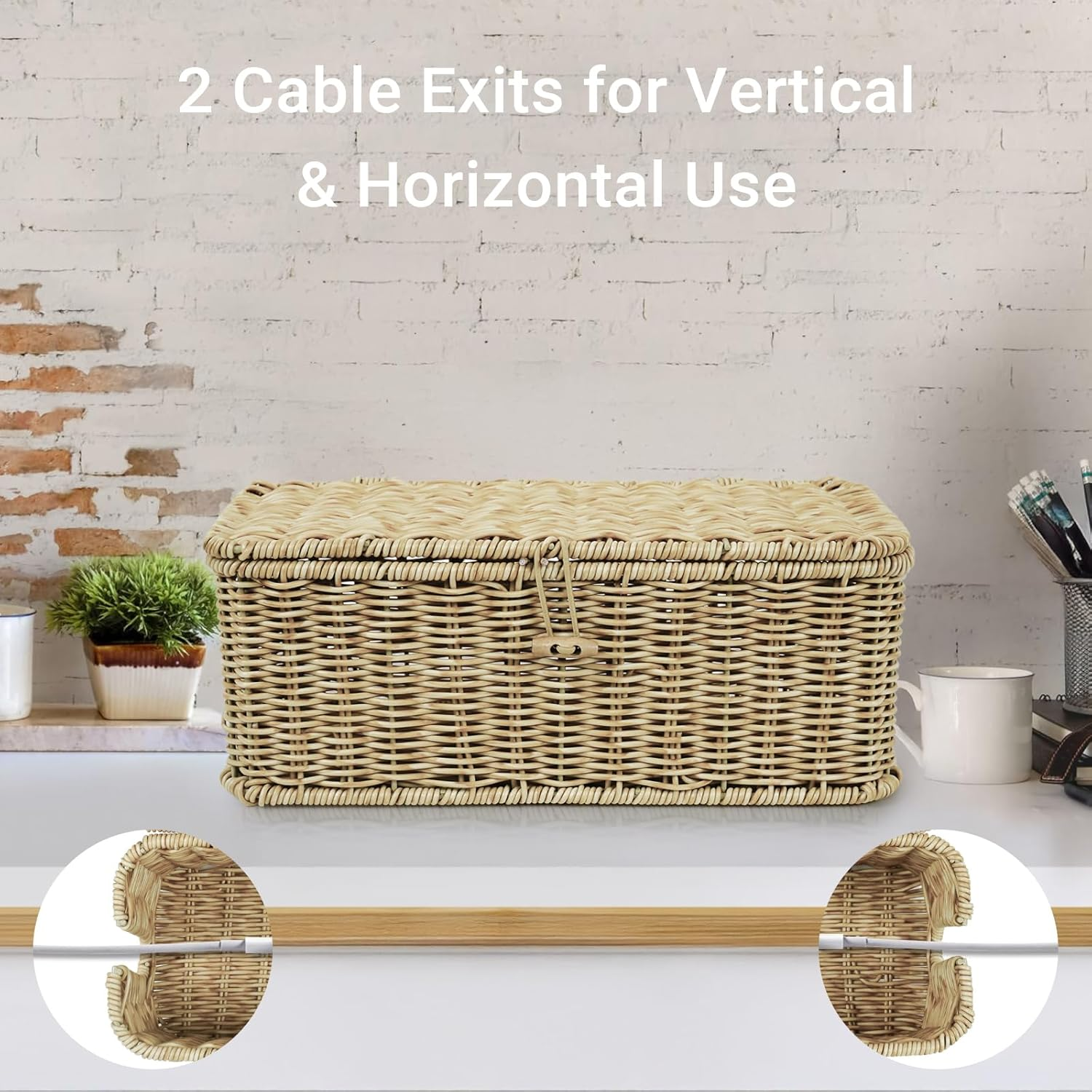 Ixtra 2-Pack Cable Management Box Set, Handwoven Rattan Cord Organizer, Decorative Cord Hider with Lid, Large Cable Organizer for Desk, TV Wires,Power Strips & Cords Natural image number 3