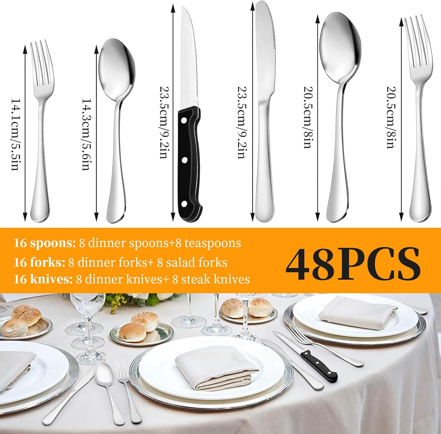 48 Pcs Silverware Cutlery Set Food-Grade Stainless Steel Flatware Set Mirror Polished Steak Cutlery Set for Kitchen Restaurant Office Tableware Includes Spoons Forks Knives Dishwasher Safe (Silvery) image number 5
