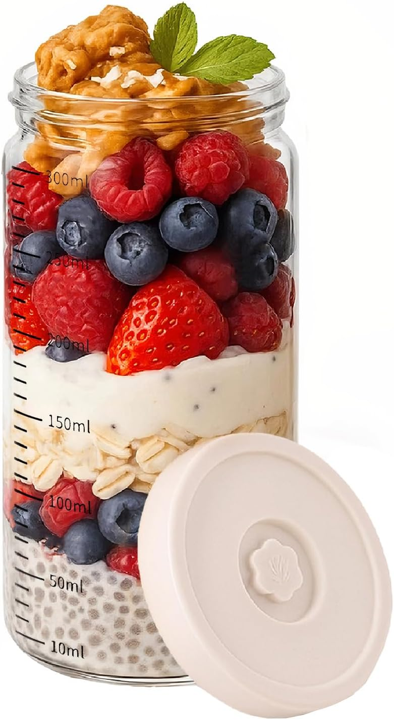 Overnight Oats Containers with Silicone Airtight Lids - 2-Pack 10Oz Wide Mouth Mason Salad Jars, Airtight Glass Containers/Meal Prep Jars for Juice, Chia, Pudding, Yogurt, Cereal, Sugar,Snack.