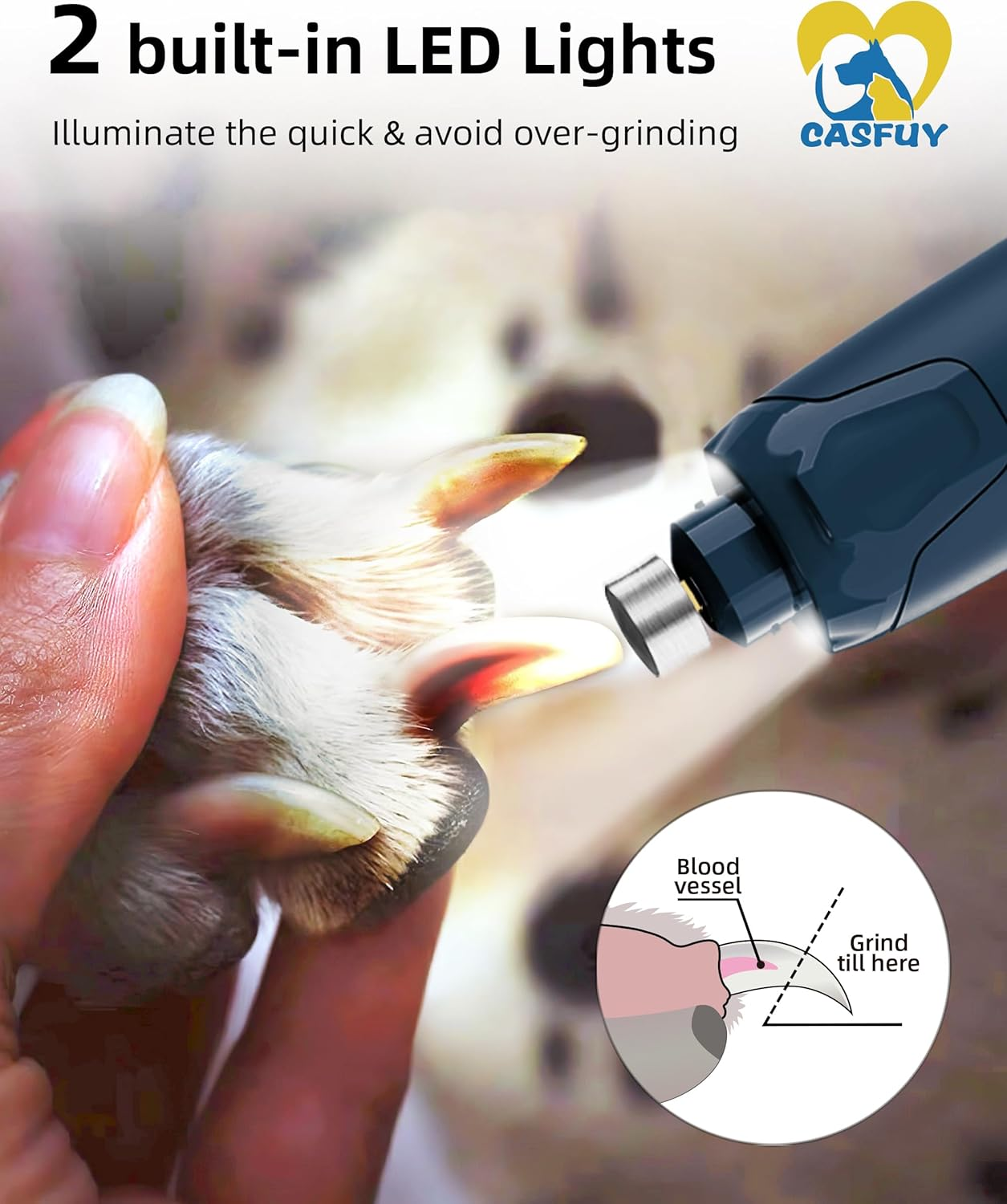 Casfuy Dog Claw Grinder - (45Db) 6 Speed Pet Claw Grinder with 2 LED Lights for Large, Medium and Small Dogs and Cats, Electric Dog Claw Cutter with Dust Cap image number 2