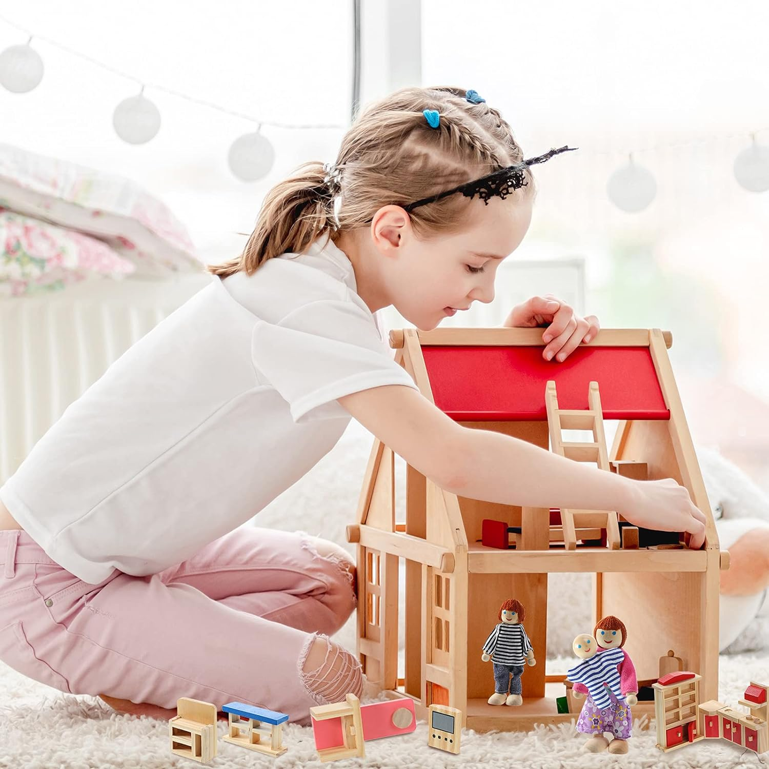 Wooden Dollhouse Furniture Doll House Furnishings with 8 Pieces Winning Doll Family Set, Dollhouse Accessories for Boys Girls Miniature Dollhouse, Family Figures Imaginative Play Toy (Classic Style) image number 2