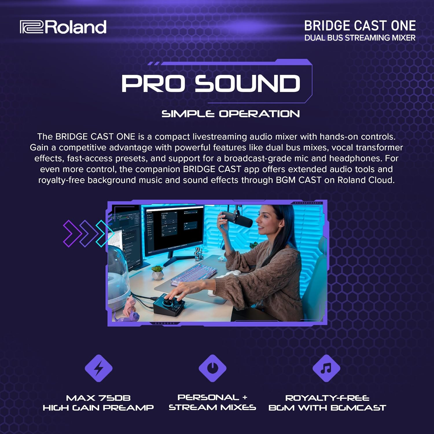 Roland BRIDGE CAST ONE Dual Bus Streaming Mixer | Compact Audio Streaming Mixer | for Online Gamers & Content Creators | 32-Bit Hardware DSP | USB-C Windows and Mac Connectivity | XLR Mic Support image number 5