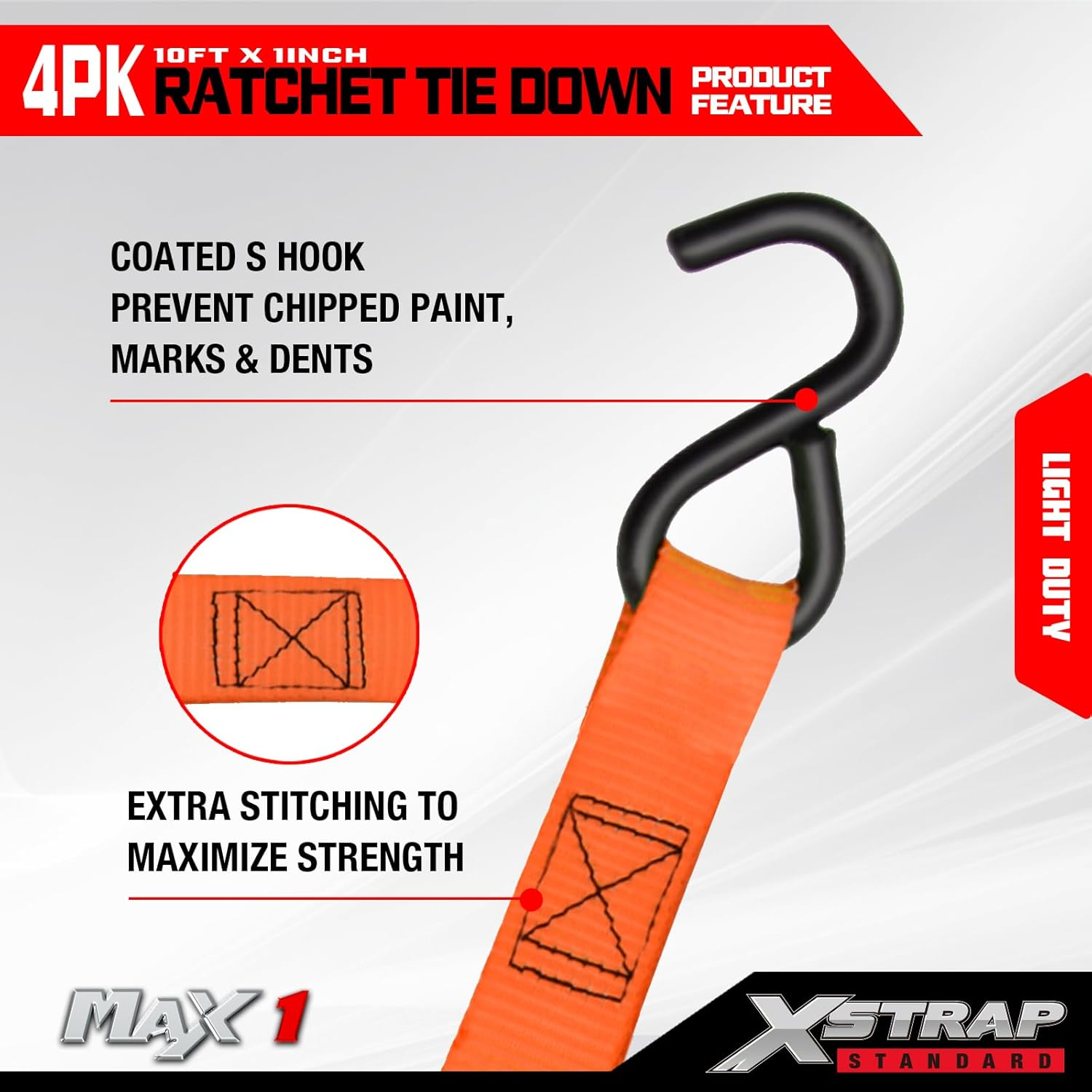 XSTRAP Standard Ratchet Tie down Straps 4PK 10 Ft- 300 Lbs Load Cap- 900 Lbs Break Strength-Cargo Straps for Moving Appliances, Lawn Equipment, Motorcycle Orange image number 4