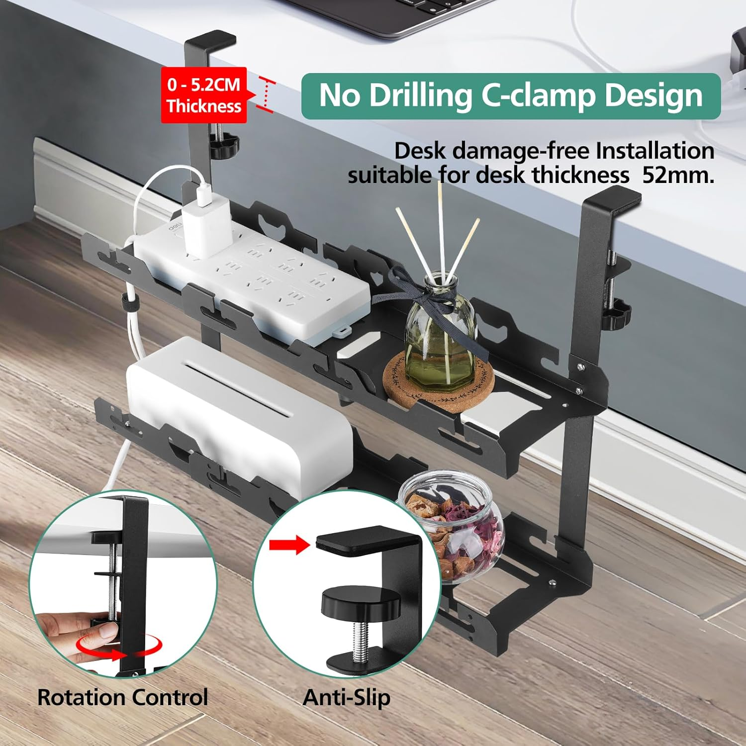 Under Double Desk Cable Management Tray,45-72Cm Adjustable Length Non-Drill Installation Cord Management for Home Office,Durable Carbon Steel Black image number 4