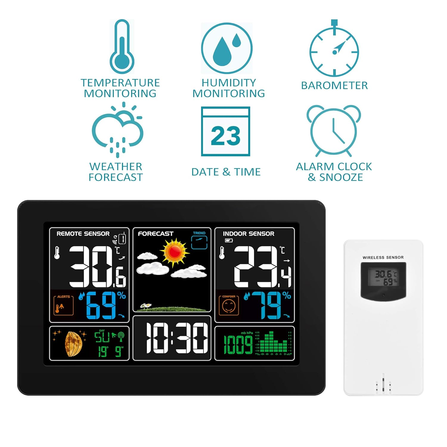 Kalawen Weather Station with Outdoor Indoor Sensor, MSF Wireless Digital Alarm Clock, Barometer, Temperature, Humidity Monitor, Weather Forecast for Home Garden image number 1