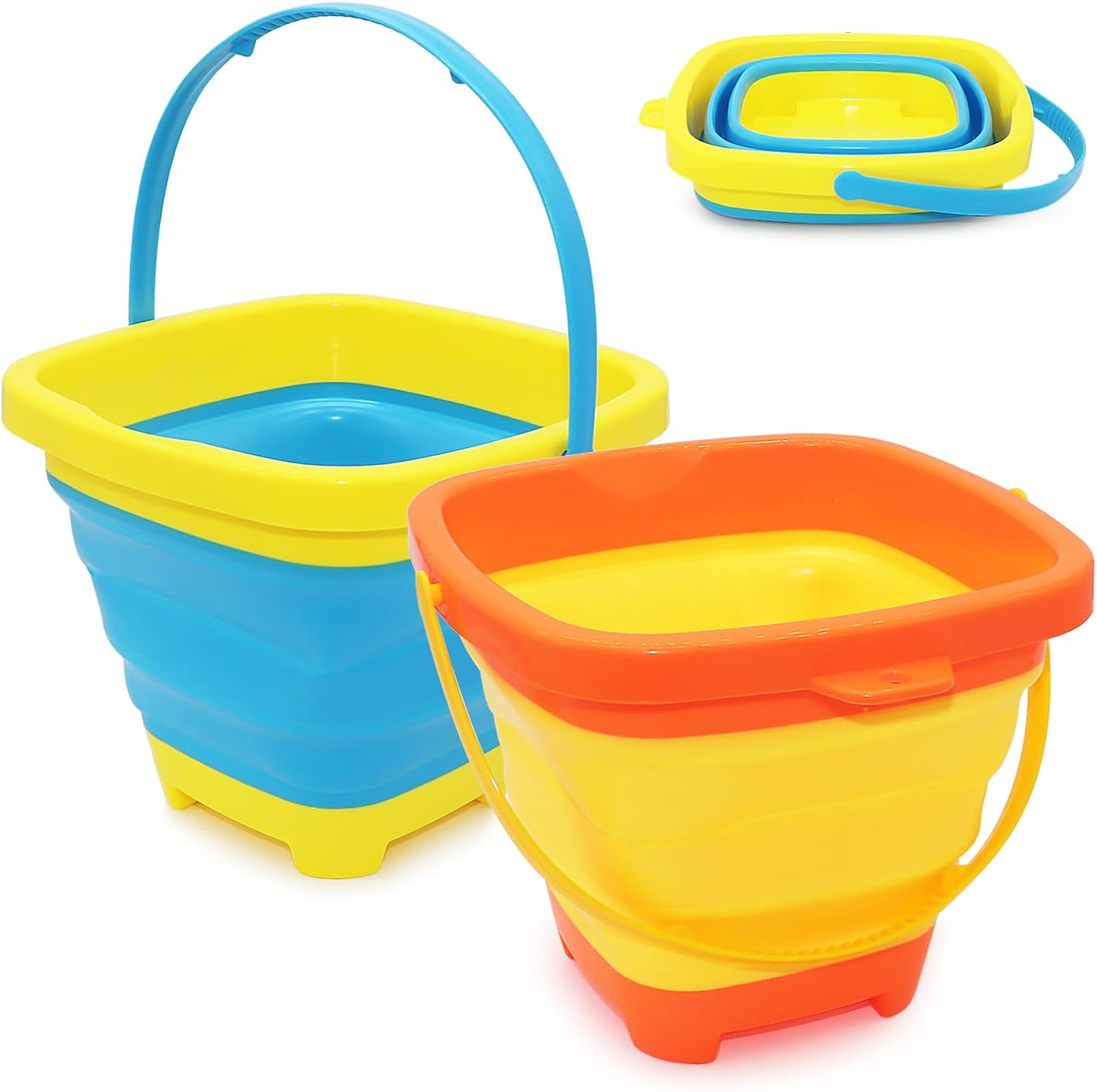 2Pcs Foldable Beach Play Sand Pails, Collapsible Buckets with Handle for Kids, Outdoor Summer Beach Camping (Pink-Purple+Blue-Yellow)