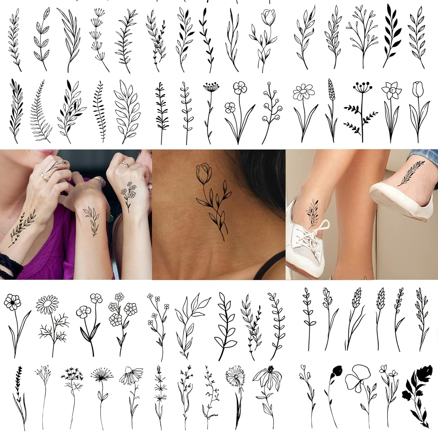 18 Sheets Realistic Temporary Tattoo, Tiny Branch Black Flower Temporary Tattoos for Women Girls Kids, Bouquet Small Tattoo Temporary Sticker Wild Plant Floral Fake Tattoos image number 6