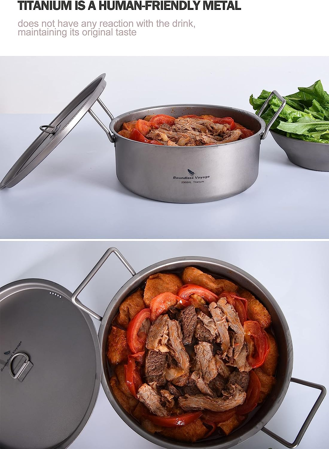 Boundless Voyage Outdoor Camping Titanium Pot 2L Stockpot with Lid Folding Handle Hiking Picnic Portable Big Capacity Soup Pot Home Kitchen Ti2054C image number 3