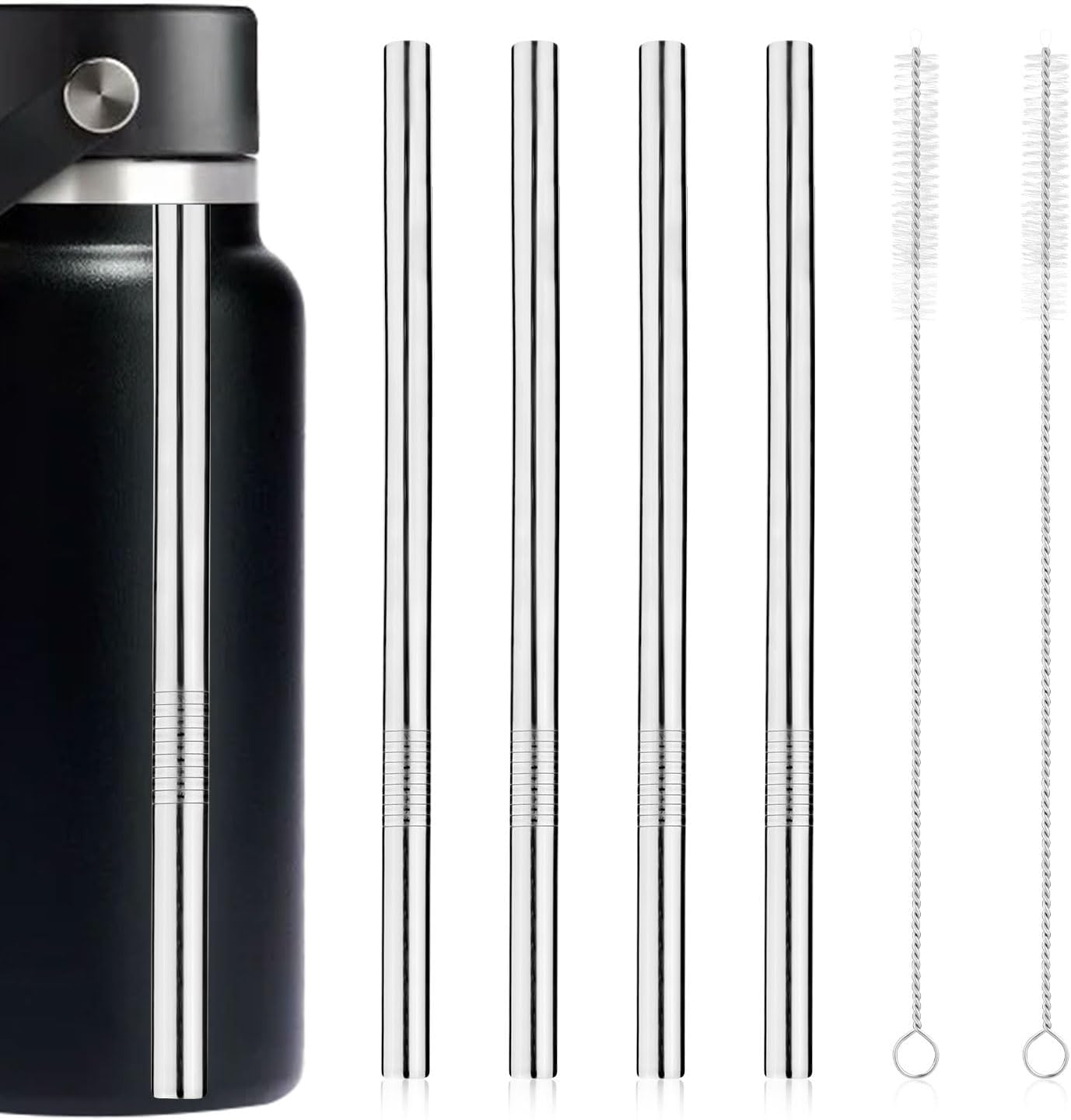 4Pcs Metal Press in Straw Replacement with 2Pcs Straw Brushes for Hydro Flask, Silver Stainless Steel Practical Straws Replacement Accessories Compatible with Hydroflask Wide Mouth Water Bottle 64Oz image number 1