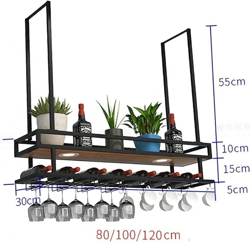 Ceiling Wine Glass Racks Industrial Vintage Metal Bar Wine Glass Hanging Rack Upside down Wine Glass Rack Floating Shelf for Home Kitchen (Color : Black, Size : 80 * 30 * 80Cm)