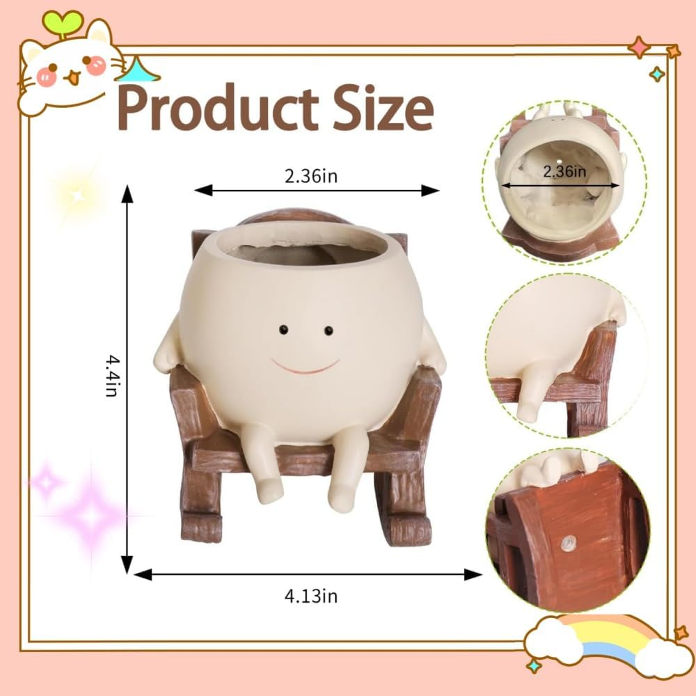 Ladiz Smily Face Planter Pot, Cute Resin Head Flower Pots for Indoor Outdoor Plants Unique Sit Rocking Chair Succulent Pots, Gift Ideai for Mother'S Day, Birthday, Christmas with Drainage Hole image number 2