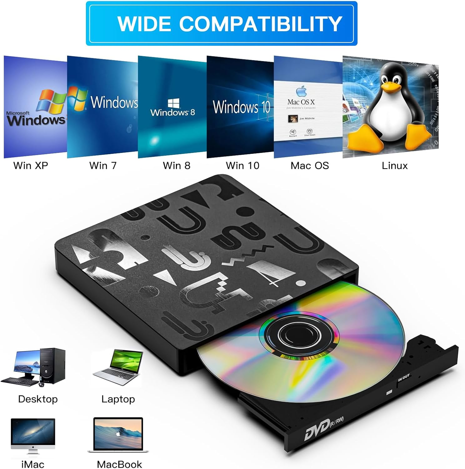 Bluefire USB C Laptop Drive, External CD DVD Drive, High Speed Data Transfer, Compatible with Window 11/10/8/7, Laptop, PC