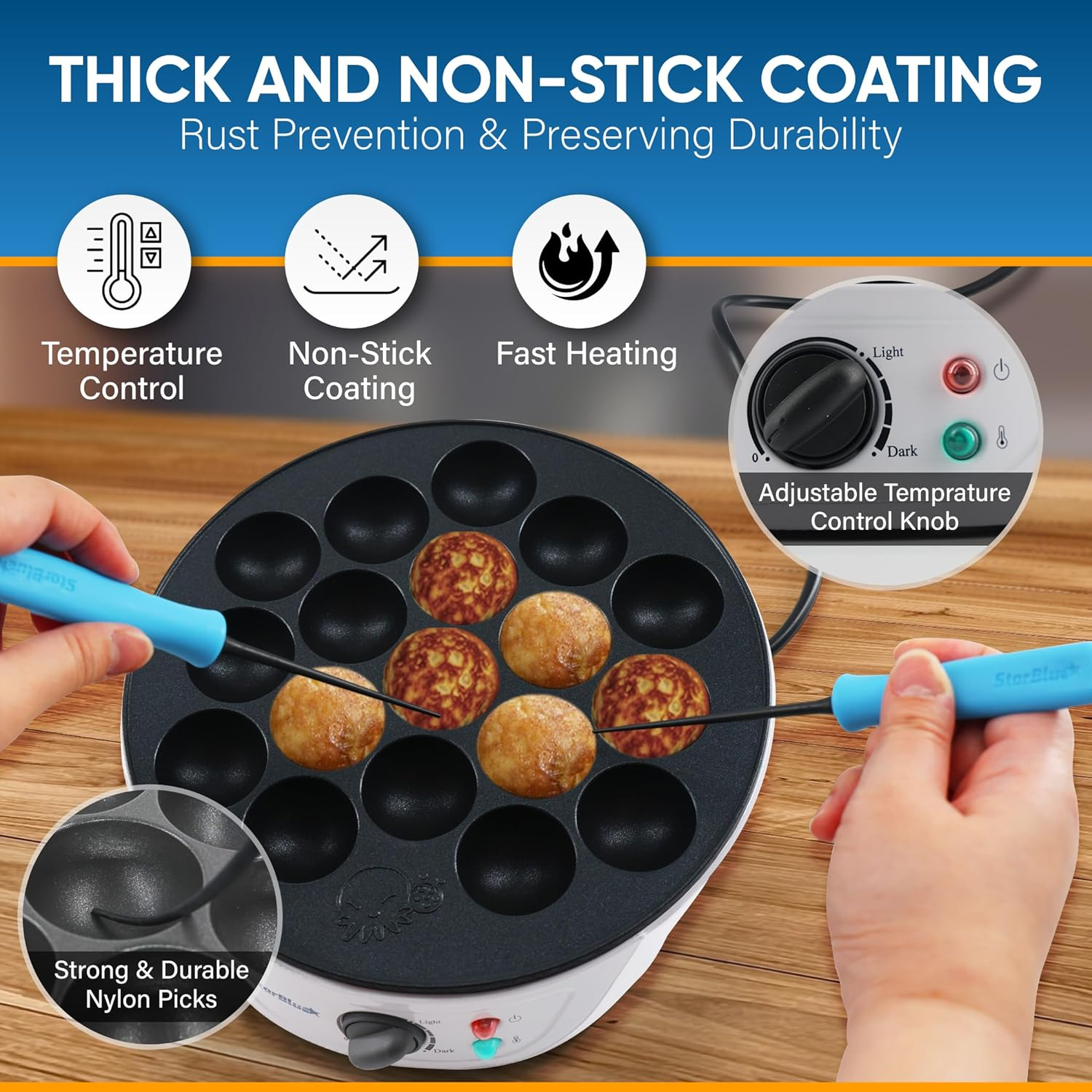 Starblue Takoyaki Maker Machine with FREE Takoyaki Picks - Temperature Control 18 Holes Electric Pan for Japanese Octopus Balls 220V 60Hz 700W UK Plug with AU Adapter image number 4