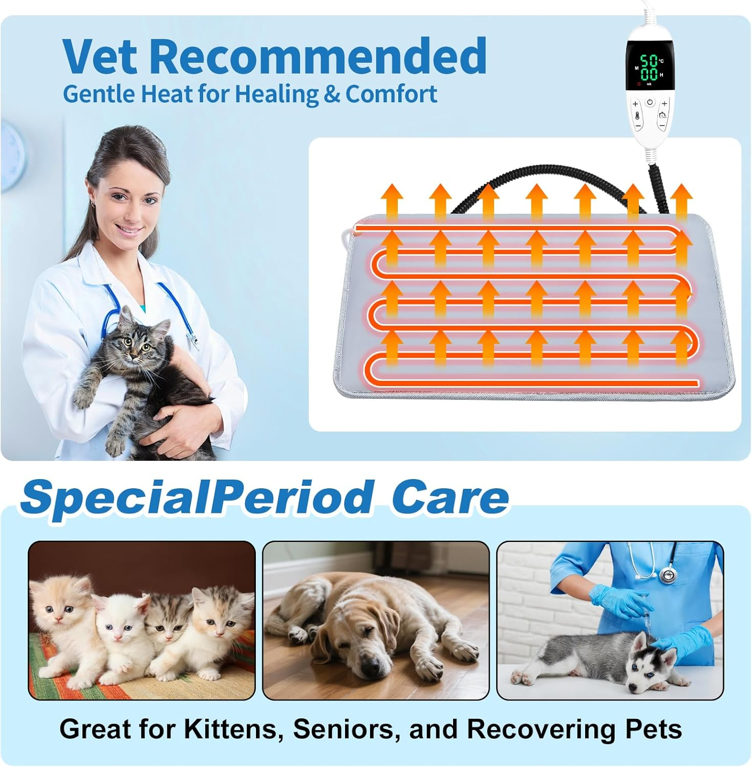 Heated Cat Bed 60X90Cm Waterproof Pet Heating Pad with Smart Thermostat, Electric Heating Mat for Cats and Small Dogs, 9-Level Temp Adjustable, Chew Resistant Heat Mat for Pets image number 3