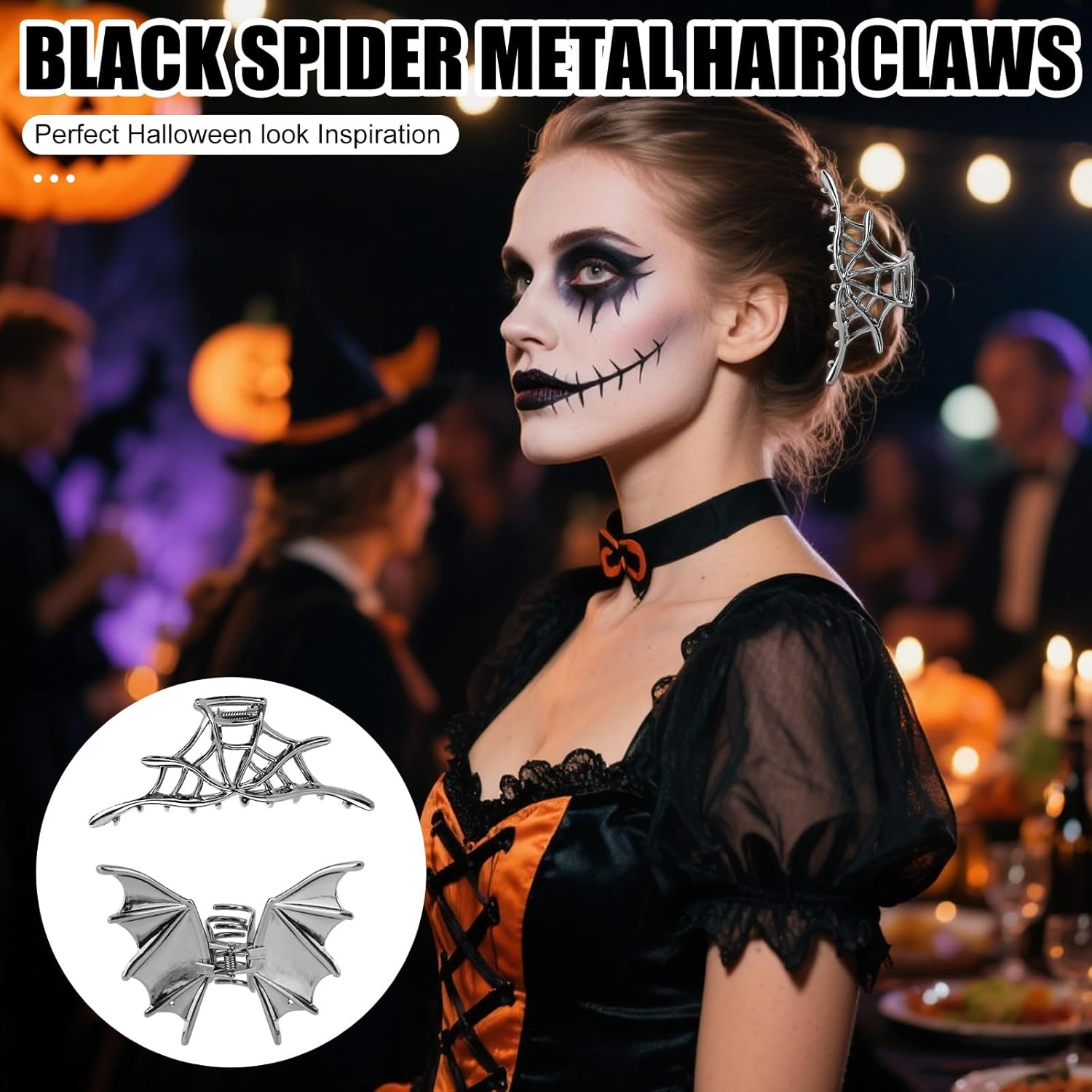 Fukaisu 3 Pcs Halloween Hair Claw Clips for Women & Girls, Gothic Metal Hair Accessories with Hollow Design Spider Web Bat Spider Claw Clips for Halloween Party Cosplay image number 5