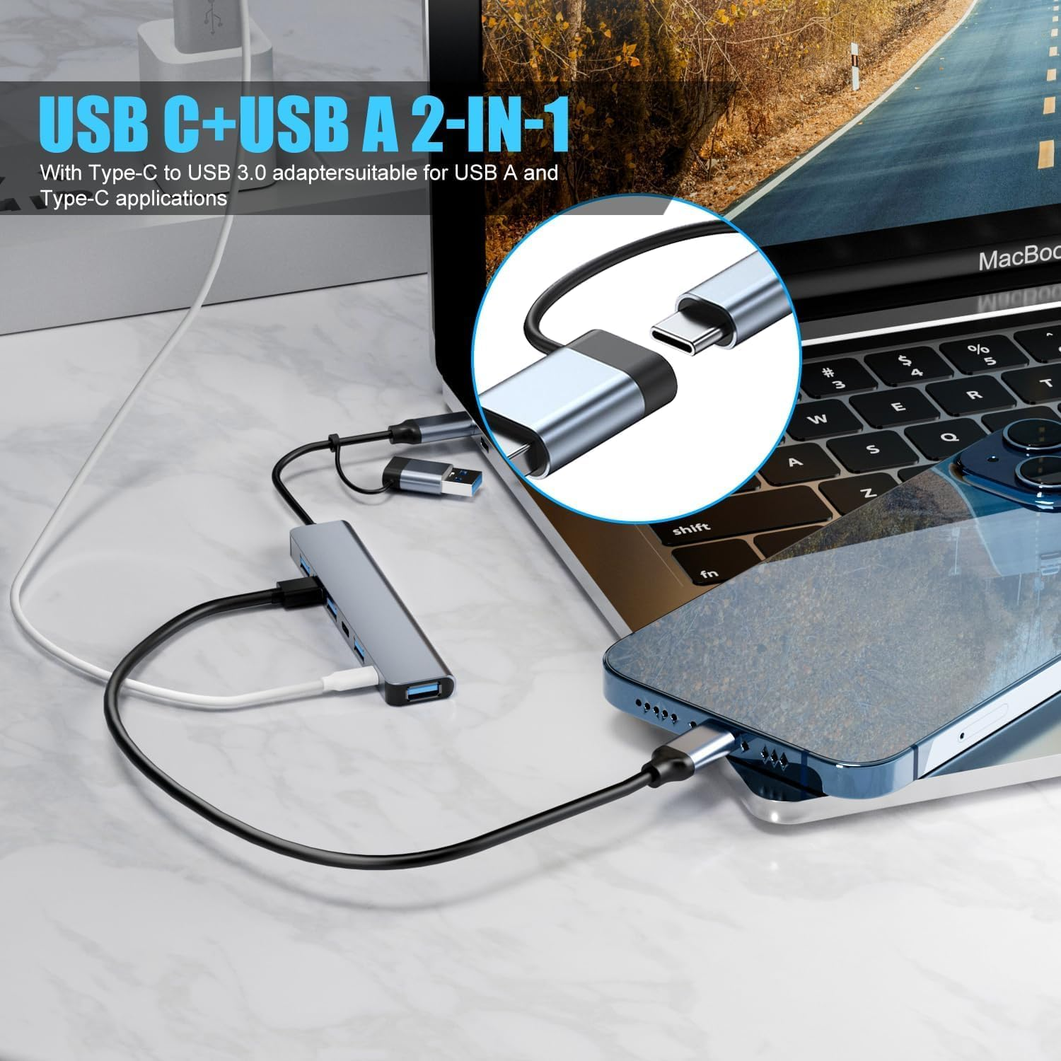 7-In-1 USB C Hub, USB Splitter for Fast Data Transfer Speed, USB-C Hub Compatible with Macbook, Surface, PS4, Xbox and Android Devices, USB C Dock Connect Flash Drives, External Hard Drives, Keyboards