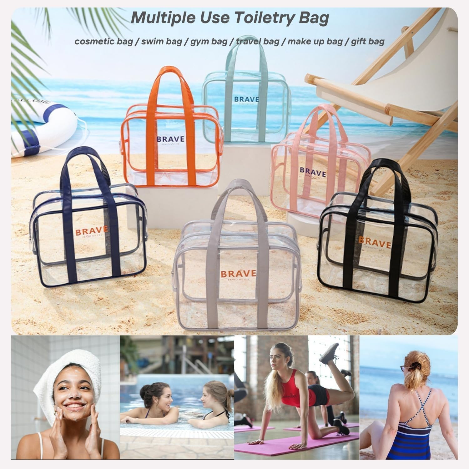 Large Clear Toiletry Bag for Women, Waterproof PVC Beach Bag Swim Bag Gym Bag, Clear Makeup Cosmetic Bag, Transparent Travel Toiletry Bag Travel Accessories Tote Bag, PVC Bag (Pink, 34 * 18 * 25Cm) image number 4