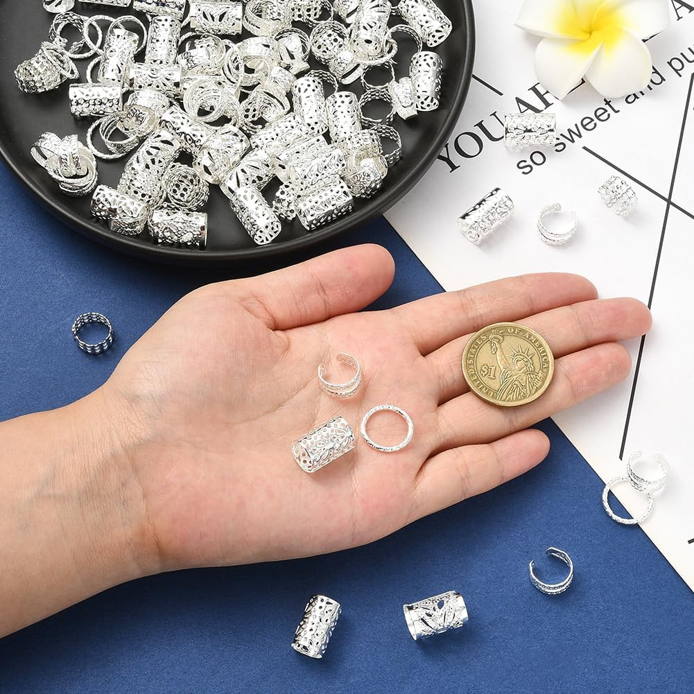 SUNNYCLUE Pack of 200 5 Styles Dreadlocks Beads Metal Cuffs Hair Braid Beads Silver Dreadlocks Braid Ring Coil Clips Adjustable Non-Penetrating Ear Cuffs round Tube Jewellery for Hair Braids Z image number 2