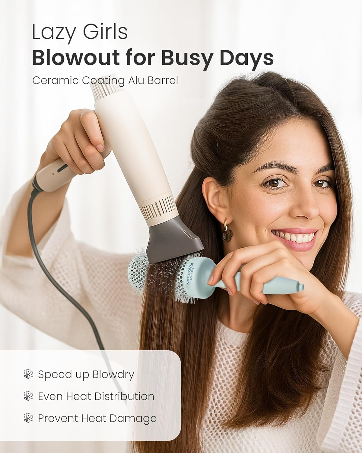 AIMIKE Naturavol round Brush for Blow Out, Large round Hair Brush with Nano Thermal Ceramic Tech, for Fine Hair-Friendly Blow Drying & Styling at Home, Maximum Volume Shine-2.1" Barrel, 3" W/Bristle image number 5