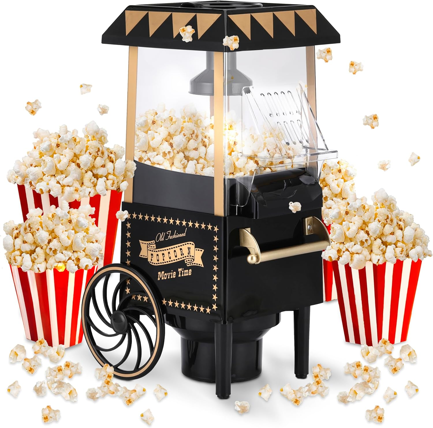 NK Popcorn Machine Retro Electric Popcorn Machine 1200W Easy to Use Button Preparation in 2 Minutes Hot Air 0.3L Portable Ideal for Home Black