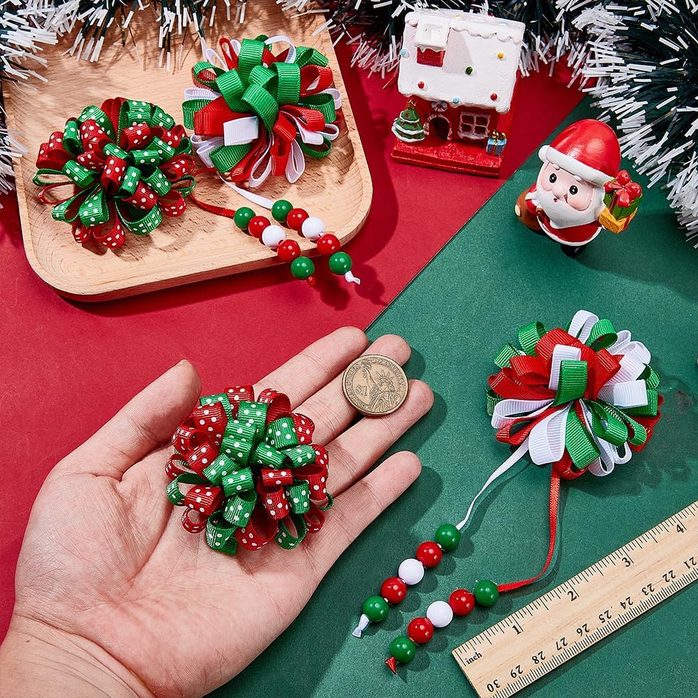 WADORN Pack of 4 Hair Clips with Christmas Curling Ribbon. Curly Alligator Hair Clips Grosgrain Ribbon Ball Flower Red Green White Handmade Holiday Hair Clip for Christmas Hair image number 2
