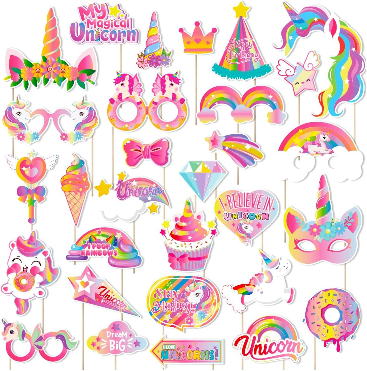 Buziba 30Pcs Unicorn Photo Booth Props Rainbow Unicorn Theme Photo Boothprops Party Supplies for Birthday Party Favors Decorations image number 2